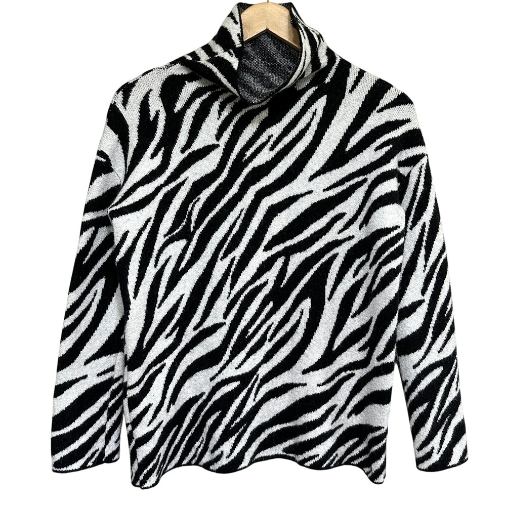 Pure Collection Zebra Print Mock Neck Sweater Womens 6 Wool Alpaca‎ Modern Cozy